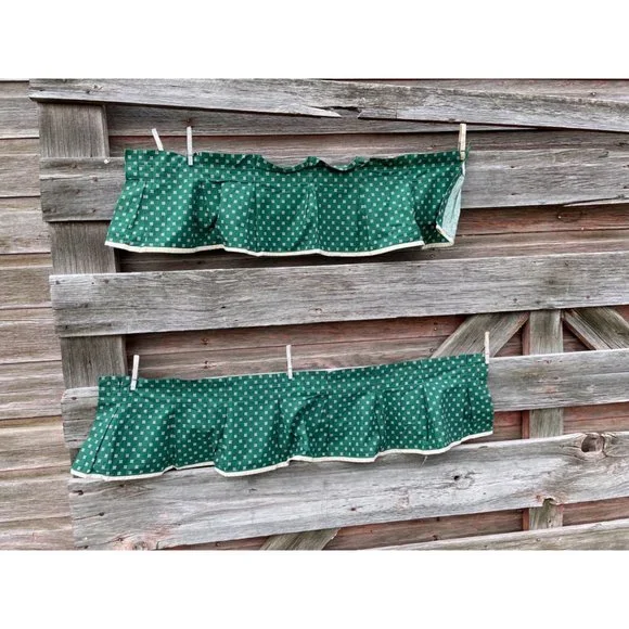 Vintage Pair 1960s Green/Beige Dot Pleated Curtain Valance Cotton - Picture 14 of 16